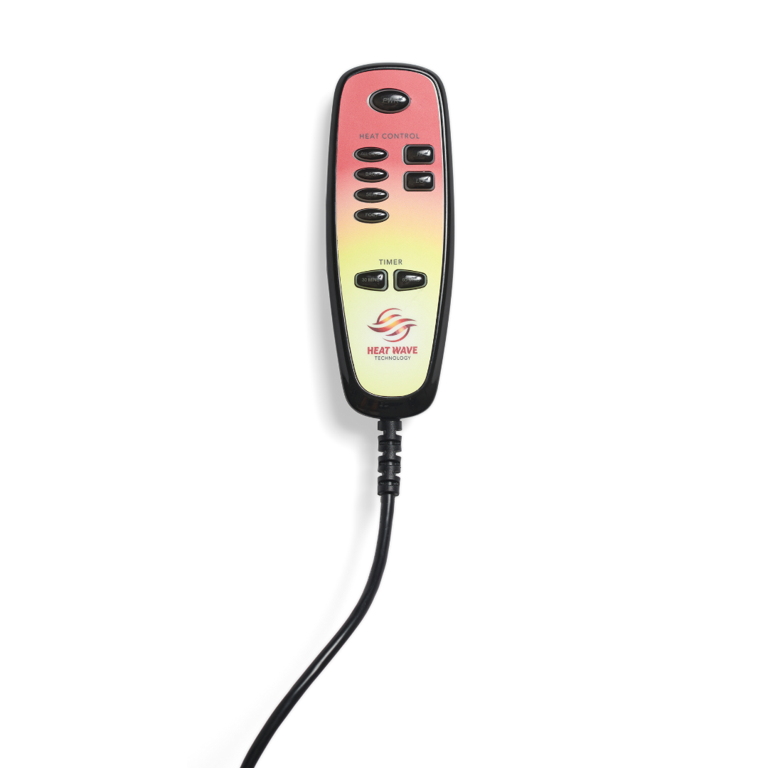 A handheld electronic controller with a bottom cord features black buttons labeled Heat Control and Timer. The red and yellow gradient faceplate, enhanced by HeatWave Technology, showcases the brand Golden Technologies Lift Chair Upgrades.